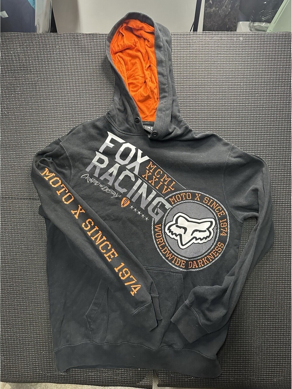 Fox Racing Hoodie Mens Medium Black Orange Moto X Since 1974 Sleeve Graphic MX